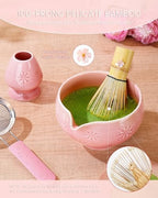 Matcha Whisk Set, 6pcs Matcha Set Includes Matcha Bowl with Spout, Bamboo Whisk & Scoop with Cute Charm, Chasen Holder, Innovative Sifter Handle, Tea Mat for Latte Making, Pale Pink - Image 4