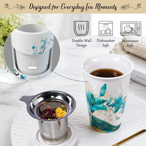 Harmoleaf Tea Gift Set for Women, 6 Loose Leaf Tea Blends with Blue Lily Insulated Ceramic Cup, Stainless Steel Infuser, Lid and Gold Spoon, Birthday, Mother's Day, Anniversary, Retirement Gift for Her - Image 2