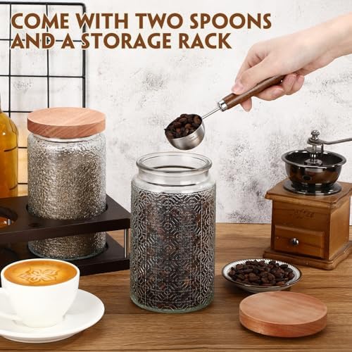 Suclain Glass Coffee Grounds Container with Shelf 2 x 34 oz Glass Coffee Bean Storage Canisters with Airtight Thread Lid and Measuring Spoon Food Storage Jars for Kitchen Sugar(Classic Style) - Image 5