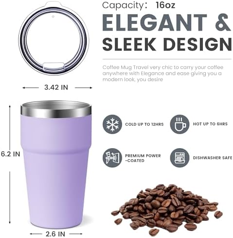 MEWAY 16oz Tumbler Double Wall Vacuum Insulated Travel Mug Bulk, Stainless Steel Tumblers with Lid, Powder Coated Coffee Cups for Cold & Hot Drinks (Lavender,12 Pack) - Image 2