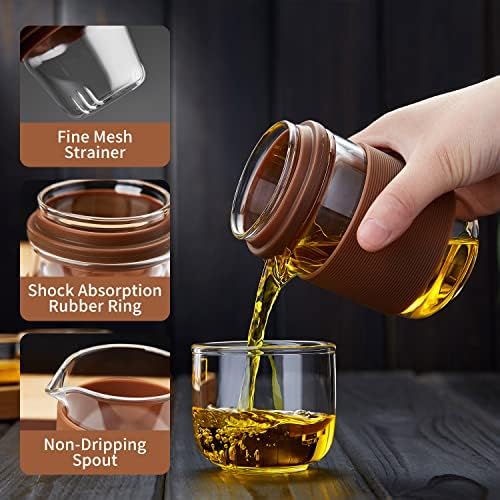 DOPUDO Glass Teacup Infuser Set, Portable Glass Tea Pot with 1 Strainer, 2 Cups, 1 Master Mug, Clear Borosilicate Glass, 5.1 oz Capacity, Brown - Image 4