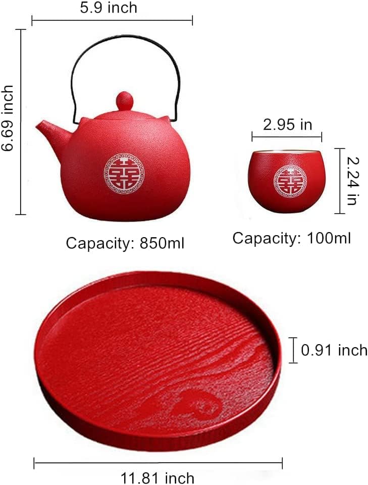 Chinese Traditional Wedding Gift Tea Set - Kung Fu Teapot With 8 Teacups and Round Tray - Red Decoration - Image 3