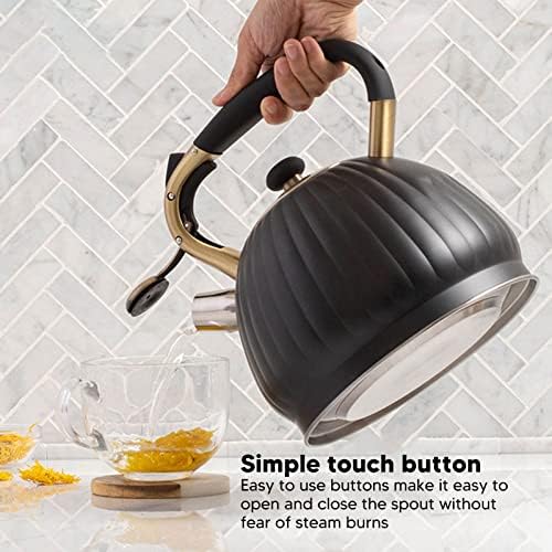 3.5L Black Stainless Steel Whistling Tea Kettle, Pumpkin Shape Stovetop Tea Pot, Large Capacity Fast Heating Teapot with Simple Touch, Unique Ergonomic Handle, Whistling - Image 2