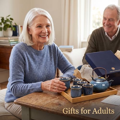 Layhit Japanese Asian Tea Set for Adults with 1 Teapot 6 Cups 1 Tray, 22 oz Traditional Portable Japanese Kiln Altered Glaze Porcelain Tea Set for Women Mother's Day Gifts(Blue) - Image 5