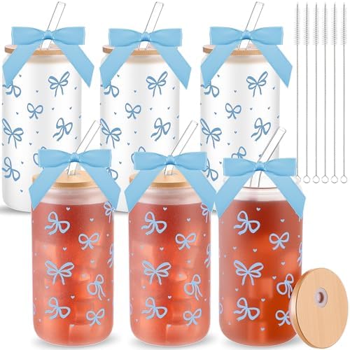 6 Sets 16oz Bow Glass Cups with Bamboo Lids Straws Tumbler,Blue by Yetene