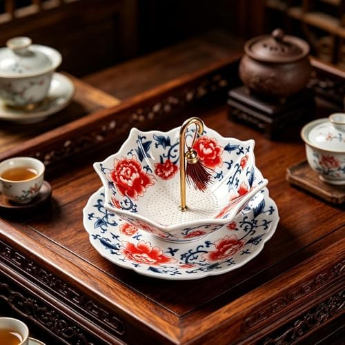 Porcelain Ceramic Tea Strainer, Umbrella Shape Chinese Blue and White Loose Leaf Filter with Rotating Design, Fine Mesh Tea Infuser for Kung Fu Tea, Coffee, Brewing (B) - Image 3