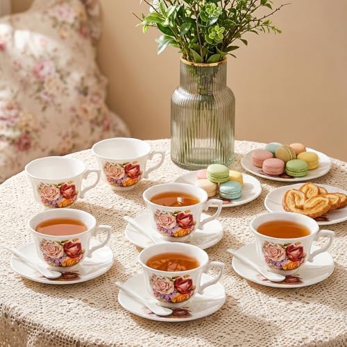 Pumtus Tea Cups and Saucers Set of 6, 8 OZ Vintage Ceramic Teacups with Spoon, Floral Rose British Coffee Mug, Elegant Bone China Cup Gift Set for Cappuccino, Espresso, Latte, Afternoon Tea Party - Image 7