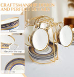 Luxury White & Gold Embossed Tea Cups and Saucers with Teapot, Sugar Bowl, & &Creamer, Vintage European Porcelain Coffee Set for Tea Party, Wedding, Gift (Gold&Navy Blue, 17pcs/set) - Image 6