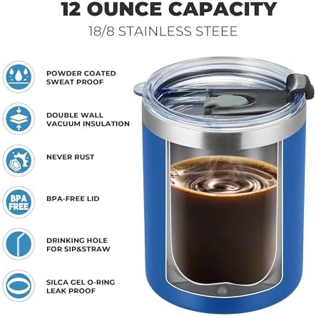 MEWAY 12 oz Lowball, Tumbler Stainless Steel Double Wall Vacuum Insulated Mug with Straw and Lid, Cleaning Brush ，Durable Powder Coated Insulated Coffee Cup for Cold & Hot Drinks (Navy,4 pack) - Image 4