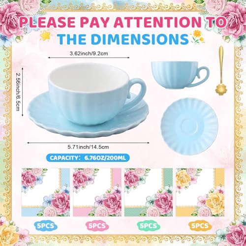 Set of 6 Tea Cups and Saucers Tea Party Decorations 5.4 oz British Cappuccino Cups with Saucers Floral Napkin Gift for Women Birthday Party Church Mother's Day - Image 2