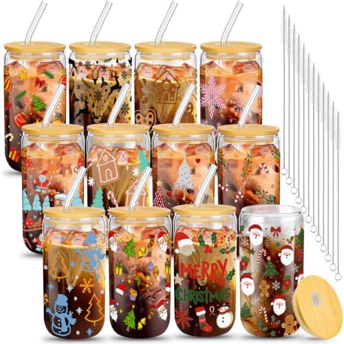 Umigy 12 Pack Christmas Glass Cups 16 oz Drinking Glasses,Festive Style by Umigy