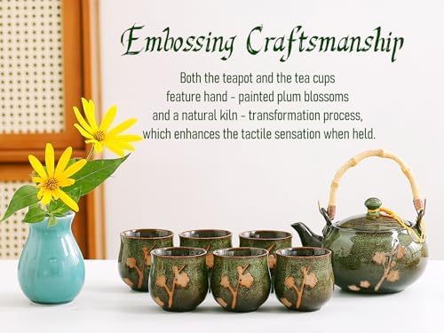 Traditional Japanese tea set, Kiln altered glaze Porcelain tea set with 1 Teapot, 6 Tea cups, 1 Tea Tray,Japanese teapot set, Asian tea sets (Kiln altered-Green) - Image 2