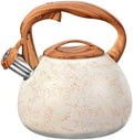 GGC Tea Kettle for Stove Top, Loud Whistling Kettle for Boiling Water Coffee or Milk, 3.1 Quart Stainless Steel Art Line White Pot with Wood Pattern Handle, Unique Button Control Outlet by GGCProducts