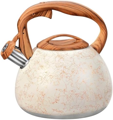 GGC Tea Kettle for Stove Top, Loud Whistling Kettle for Boiling Water Coffee or Milk, 3.1 Quart Stainless Steel Art Line White Pot with Wood Pattern Handle, Unique Button Control Outlet by GGCProducts