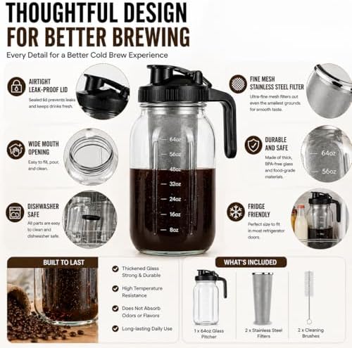Cold Brew Coffee Maker Glass 64 Oz Mason Jar Pitcher With Stainless Steel Filter,Heavy Duty Glass Mason Pitcher With Spout Lid for Iced Coffee,Tea And Lemonade (Blue Handle Cover,64 oz) - Image 6