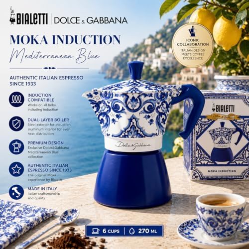 Bialetti Dolce & Gabbana Mocinduction Blue Mediterraneo 6 Cup Induction & Open Fire (Coffee Maker, Espresso Makinetta) - Image 2