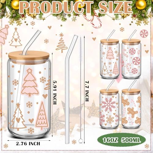 SiliFine 4 Pcs Pink Christmas Glass Cups with Lids and Straws, 16 oz - Image 3
