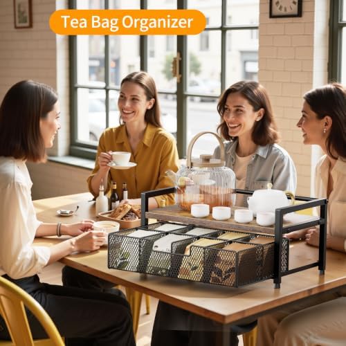 Tea Bag Organizer, Tea Bag Holder with Drawer, Wood and Metal Tea Organizers and Storage Chest for Countertop Kitchen, Office, Rustic Brown - Image 4