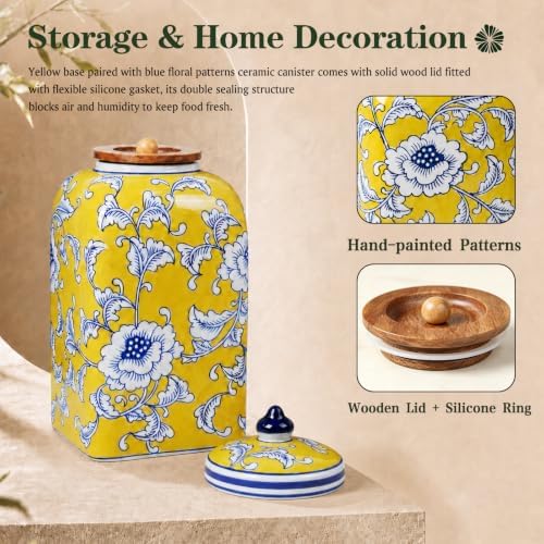 12.5" H Ceramic Kitchen Canisters for Countertop, Tea & Coffee Bean Storage Canister with Airtight Lid, Hand-painted Chinoiserie Decor Ginger Jar for Home Decor, 155 fl oz - Yellow Peony - Image 4