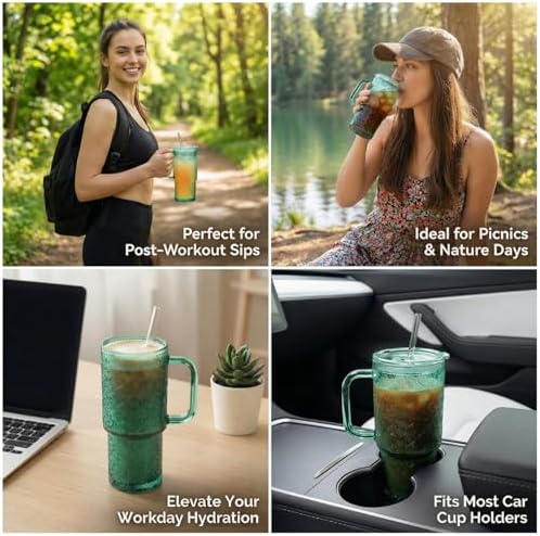 20 oz Green Glass Tumbler with Lid and Straw, Glass Iced Coffee Cups, Spill-proof Glasses Tumbler with Handle, Hobnail Glasses Drinking Set of 2, Vintage Glassware for Cocktail, Smoothies - Image 6
