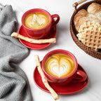 vicrays 6.5 oz Cappuccino Cups with Saucers, Set of 4, Ceramic Coffee Cup for Au Lait, Double shot, Latte, Cafe Mocha, Tea (Red) - Image 3