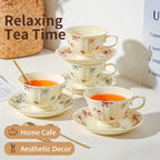 Vintage Fancy Porcelain Tea Cups and Saucers Set of 6, 8 oz China Ceramic Coffee & Cappuccino Cups with Gold Spoons, Cream Blue & Red Floral Design, Tea Party Gifts for Women - Image 7