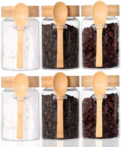 Glass Jar with Screw Lid and Spoon, 6 Pack16 OZ Tea Containers for Loose Leaf Tea, Salt and Sugar Containers for Countertop, Yogurt Jars for Overnight Oatmeal by LEAVES+AND+TREES+Y