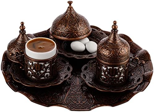 DEMMEX Turkish Greek Arabic Coffee Making and Serving Full Set with Cups Saucers Lids Sugar Bowl Tray and Copper Coffee Pot, 12 Pcs - Image 7