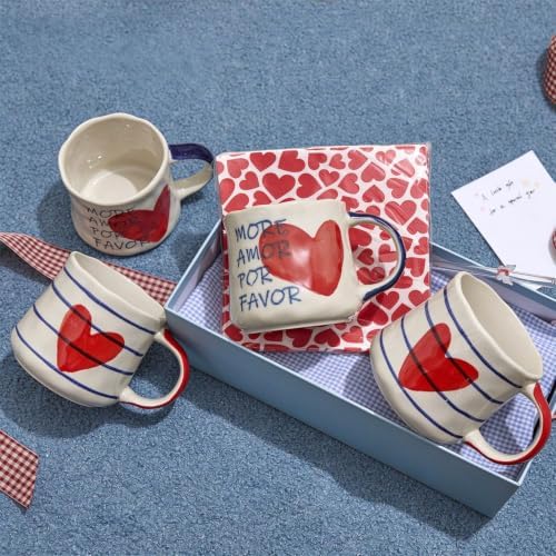 16oz Hand-painted Heart and Stripe Ceramic Mug Set of 4, Large Capacity Tea Milk Coffee Cups, Romantic Valentine Birthday Housewarming Gift for Women Coffee Lovers, Microwave & Dishwasher Safe by DelightsGalore