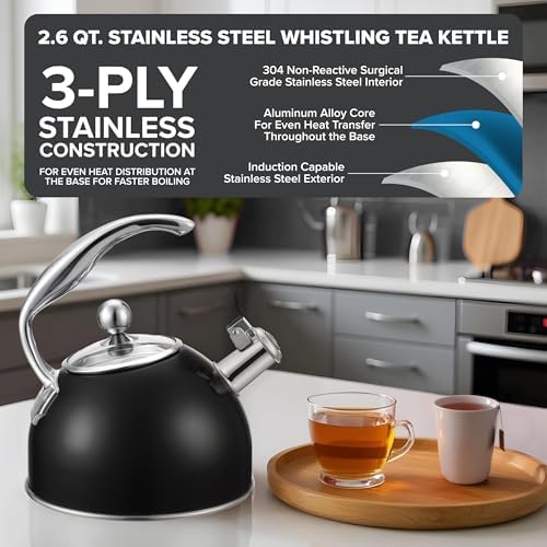 Viking 3-Ply Stainless Steel Tea Kettle, 2.6 Quart Stovetop Hot Water Pot with Tempered Glass Lid, Ergonomic Handle, Induction Ready, Matte Black - Image 2