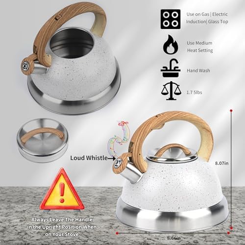 3 Quart Stainless Steel Whistling Tea Kettle – Natural Stone Finish Teapot with Cool-Touch Wood Handle, Loud Whistle & Rust-Resistant Base(white) - Image 3