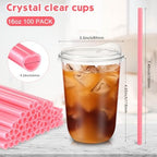 Ziliny 100 Sets Plastic Cups with Pink Heart Straws and Lids, Clear, 16 oz - Image 3