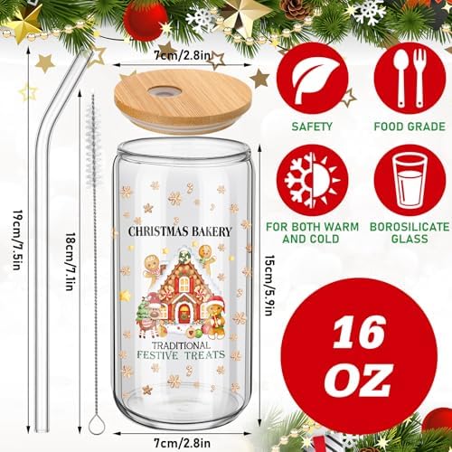6 Set Christmas Glasses Cups with Bamboo Lid and Glass Straw 16 oz Gingerbread Man Christmas Drinking Cup Beer Iced Coffee Cup Xmas Tumbler Mugs for Women Men Holiday Party Office Gifts - Image 2