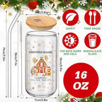 6 Set Christmas Glasses Cups with Bamboo Lid and Glass Straw 16 oz Gingerbread Man Christmas Drinking Cup Beer Iced Coffee Cup Xmas Tumbler Mugs for Women Men Holiday Party Office Gifts - Image 2