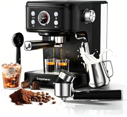 Empstorm 04E 20 Bar Espresso Machine with Milk Frother Steam 1100W Black by Empstorm