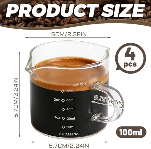 ASelected 4 Pack Espresso Cups with Wood Handle, 100ml/3.5oz Double Spout Glass Measuring Cup with Dual Scale, Clear Espresso Shot Glass with V-Shaped Mouth - Image 2
