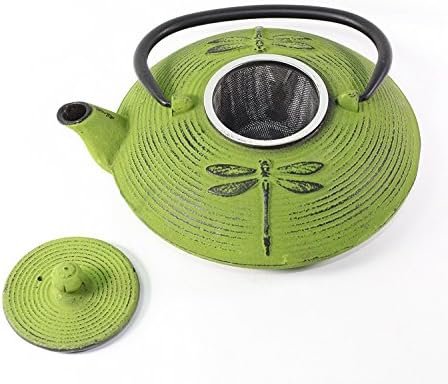 Japanese Antique 27 Fl Oz Green Dragonfly Cast Iron Teapot Tetsubin with Infuser Tea Set with Trivet - Image 4