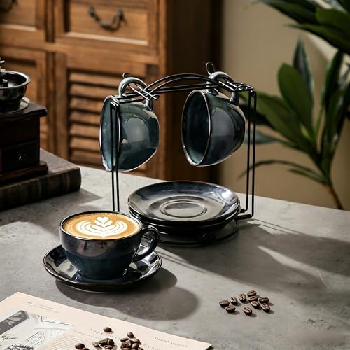 4 Sets of 8 oz Green Reactive Glaze Coffee Cups with Saucers, Ceramic Espresso Cups Set with Black Metal Stand – Unique Variegated Finish Stoneware Demitasse for Latte, Cappuccino or Gift - Image 5