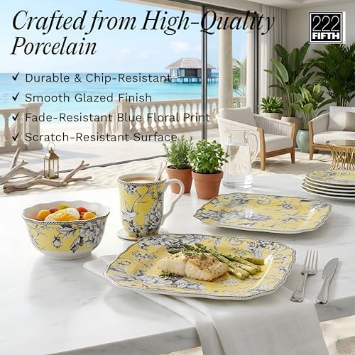 222 Fifth Adelaide Yellow 16-Piece Floral Porcelain Dinnerware Set | Microwave and Dishwasher Safe Dining Set for 4 | Stackable & Chip-Resistant Plates Bowls and Cups | Gift for Housewarming & Wedding - Image 6