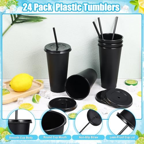 24 Pack Plastic Tumblers with Lids and Straw, Reusable Cups with Lids and Straws Colorful Cups for Cold Drink Iced Coffee, Plastic Tumbler Bulk for Party Birthday Gifts (24 oz, Stylish Colors-Black) - Image 2