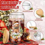 Teenyyou 12 Sets of Christmas Glasses Cups with Bamboo Lid and Glass Straw 16 oz Christmas Stripes Glass Jar Winter Drinking Cups Santa Snowman Elk Coffee Cup for Women Men Xmas Holiday Party Gifts - Image 3