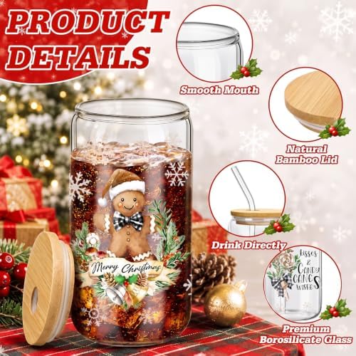 Teenyyou 12 Sets of Christmas Glasses Cups with Bamboo Lid and Glass Straw 16 oz Christmas Stripes Glass Jar Winter Drinking Cups Santa Snowman Elk Coffee Cup for Women Men Xmas Holiday Party Gifts - Image 3