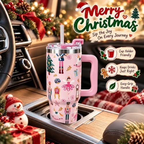JarThenaAMCS 40 Oz Christmas Tumbler with Handle, Pink Nutcracker - Image 4