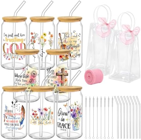 Iced Coffee Mugs, 8 Sets, Glass, 16 oz, Reusable, Christian Boho by Culudea