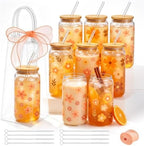 Mumufy 8 Sets Boho Daisy Cute Glass Cups Bulk with Lids and Straws 16 oz by Mumufy