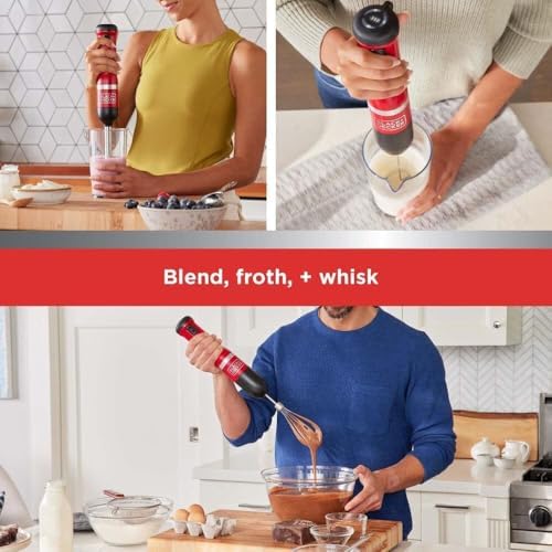 BLACK+DECKER Kitchen Wand Cordless Immersion Blender, 3 in 1 Multi Tool Set, Hand Blender with Charging Dock, Whisk and Milk Frother, Red (BCKM1013KS06) - Image 3