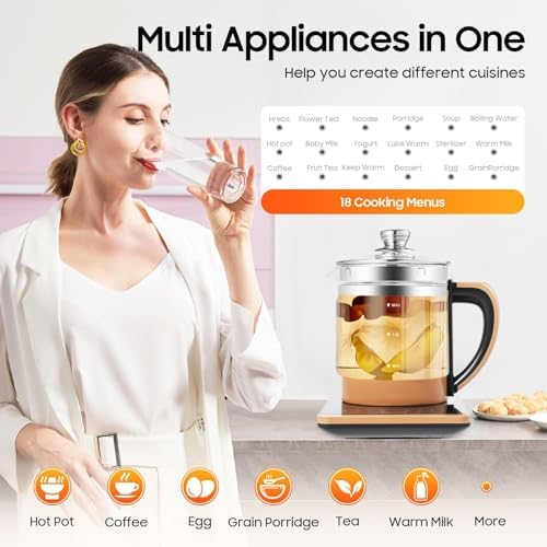 1.8l Electric Glass Kettle, 800w Multifunction Tea Maker With Touch Control, Egg Steamer And Adjustable Temperature For Tea Coffee Milk Soup And Porridge - Image 3