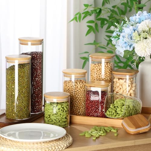 Qinyoung 24 Pcs Glass Storage Jars Square Round Food Storage Containers with Airtight Bamboo Lids Glass Canisters Pantry Jars Seasoning Organizer for Kitchen Spice Flour Cookie Coffee Beans Pasta - Image 5