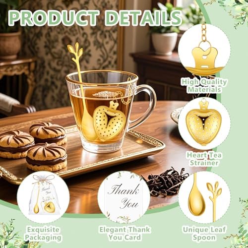50 Sets Bridal Shower Tea Party Favor for Guests Leaf Tea Spoon Heart Tea Infuser for Loose Leaf Tea Steeper with Thank You Card Organza Bags for Wedding Decoration Gift Souvenirs (50, Gold) - Image 3