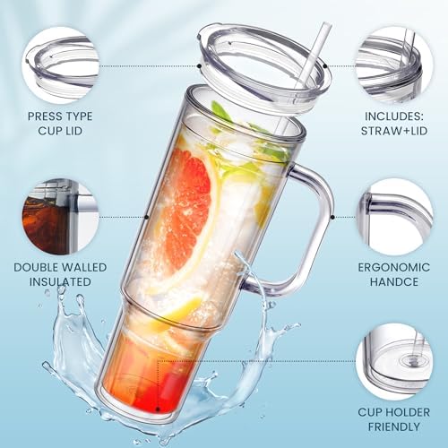 40 oz plastic tumbler with handle and Straw Lid，clear tumbler，Double Wall Vacuum Reusable plastic Water Bottle Travel Mug Cup，Classic Acrylic Tumblers (4 Pack) - Image 3